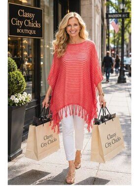 Chicos Travelers Size 0 White Tank Pink Fringe Poncho Lightweight 2 Piece Outfit